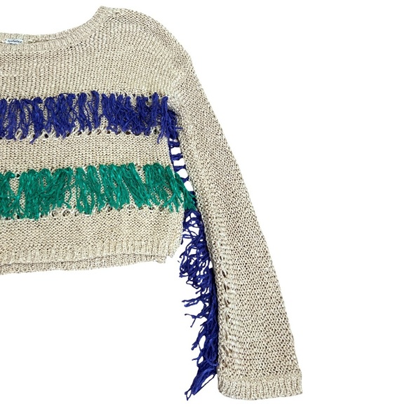BY CHANCE • Beige Knit Green & Purple Tassels Fringe Sweater - Picture 2 of 6